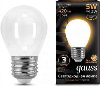 Лампа светодиодная GAUSS LED Filament Шар OPAL E27 5W 420lm 2700K 105202105 Упаковка 10ш