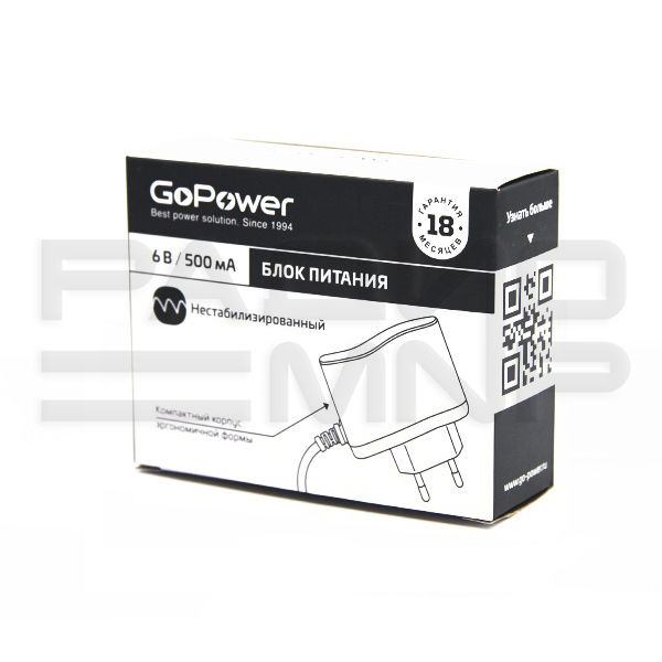Блок питания импульсный 6В, 0,5А, 3Вт (штекер 2,5х5,5мм., в розетку) "GoPower" 3
