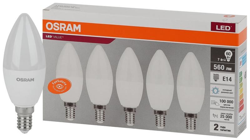 Лампа светодиодная LED Value LVCLB60 7SW/865 свеча матовая E14 230В 2х5 RU (уп.5шт) OSRAM 4058075577985 LEDVANCE