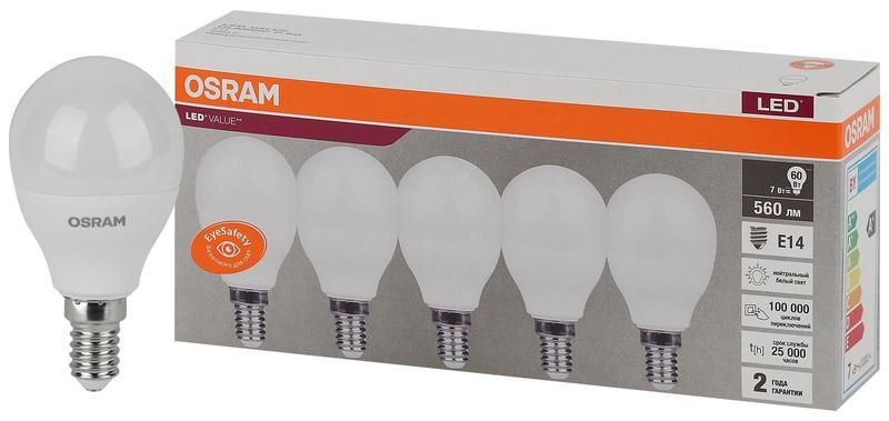 Лампа светодиодная LED Value LVCLP60 7SW/840 шар матовая E14 230В 2х5 RU (уп.5шт) OSRAM 4058075578135 LEDVANCE