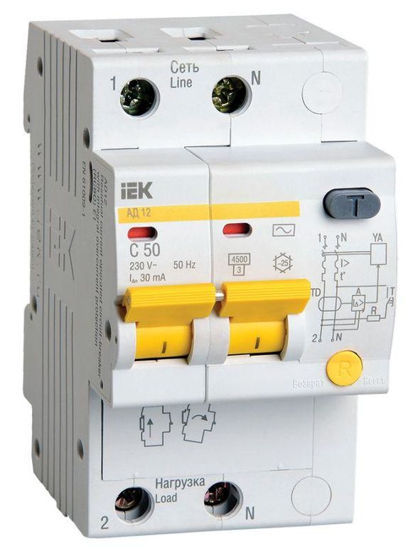 Выключатель автоматический дифференциального тока 2п C 50 А 30мА тип AC 4.5кА АД-12 IEK MAD10-2-050-C-030