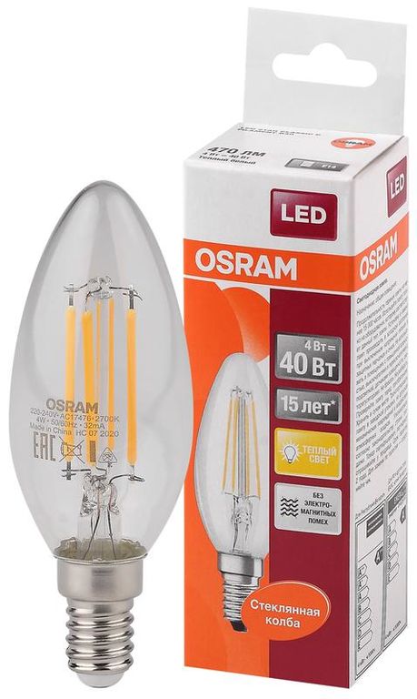 Лампа светодиодная филаментная LED STAR CLASSIC B 40 4W/827 4Вт свеча 2700К тепл. бел. E14 470лм 220-240В прозр. стекло