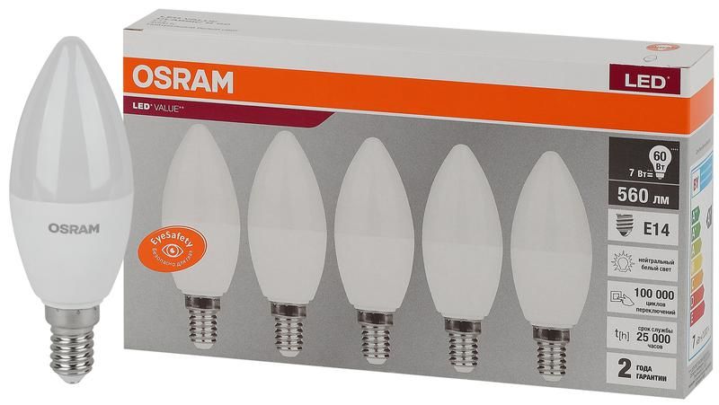 Лампа светодиодная LED Value LVCLB60 7SW/840 свеча матовая E14 230В 2х5 RU (уп.5шт) OSRAM 4058075577954 LEDVANCE