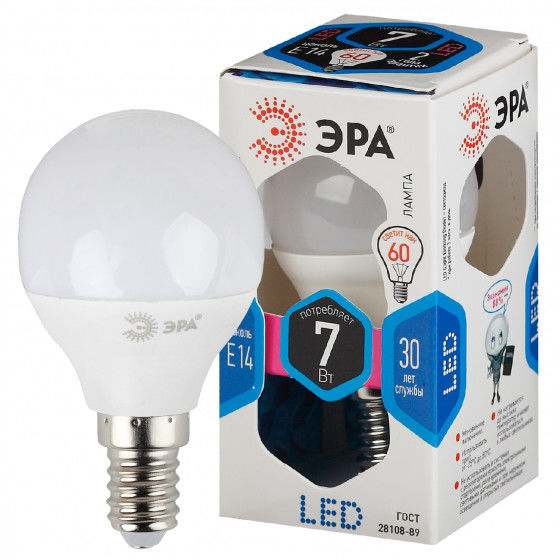 Лампа светодиодная Эра LED Р45-7W-840-E14 (диод, шар, 7Вт, нейтр, Е14)