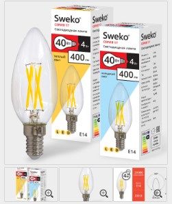 Лампа светодиодная Sweko 17LED-C35-4W-230-3000K-Е14-CL, "свеча прозрачная"