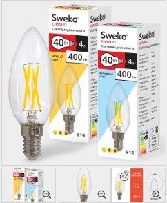 Лампа светодиодная Sweko 17LED-C35-4W-230-4000K-Е14-CL, "свеча прозрачная"