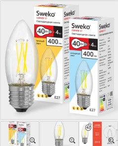 Лампа светодиодная Sweko 17LED-C35-4W-230-4000K-Е27-CL, "свеча прозрачная"