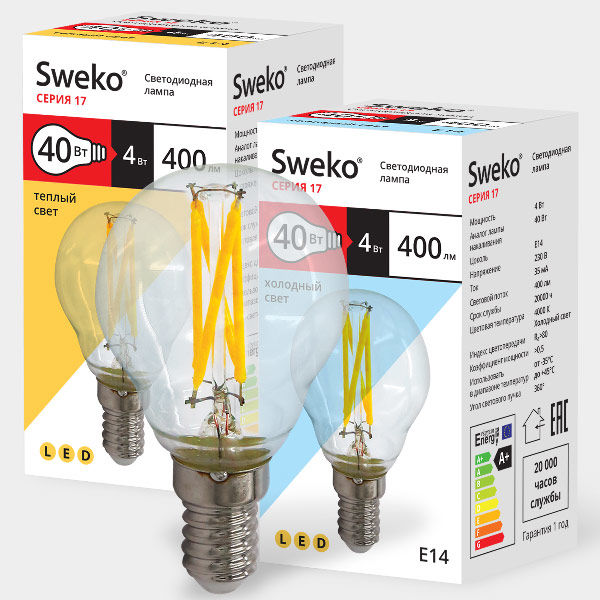 Лампа светодиодная Sweko 17LED-G45-4W-230-4000K-Е14-CL, "шар прозрачный" #2