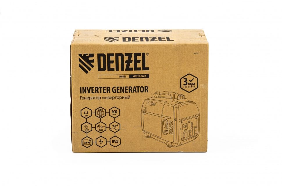 Генератор инверторный GT-2200iS, 2.2 кВт, 230 В, бак 4 л, закрытый корпус, ручной старт Denzel 7