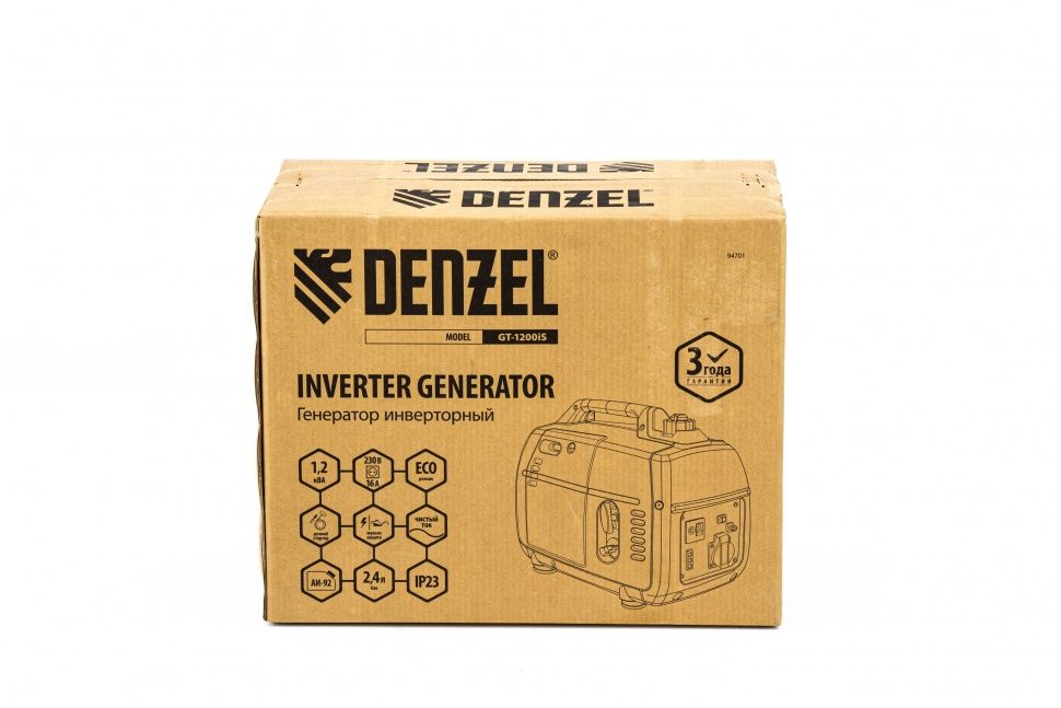 Генератор инверторный GT-1200iS, 1.2 кВт, 230 В, бак 2.4 л, закрытый корпус, ручной старт Denzel 7