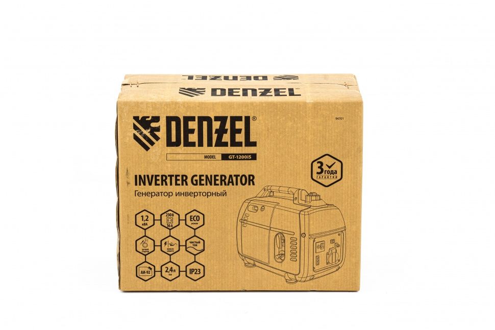 Генератор инверторный GT-1200iS, 1.2 кВт, 230 В, бак 2.4 л, закрытый корпус, ручной старт Denzel 8