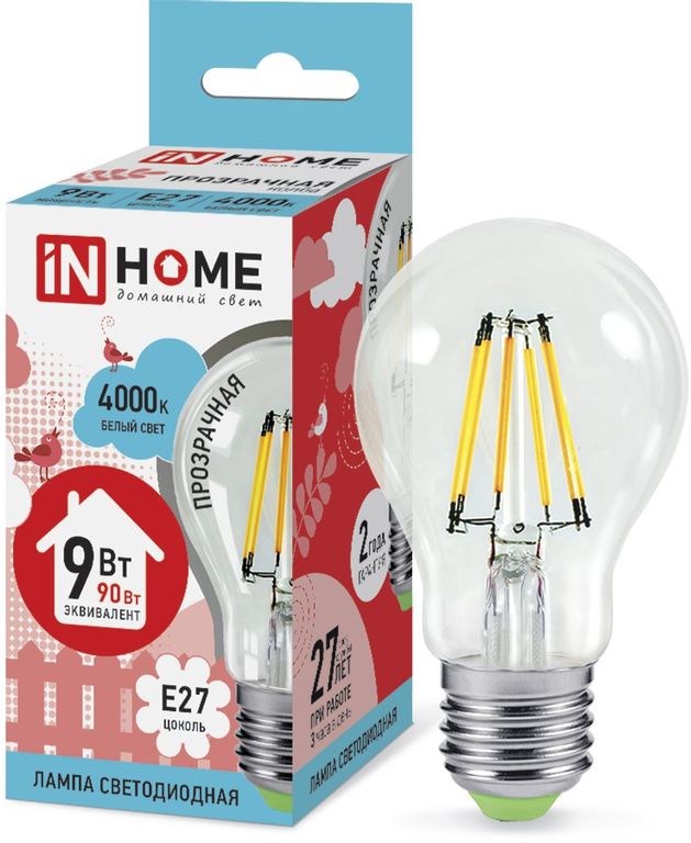 Лампа светодиодная LED-A60-deco 9Вт 230В Е27 4000К 810Лм прозрачная IN HOME