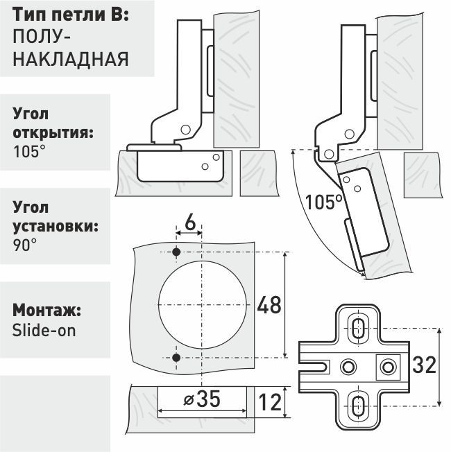 Накладная полунакладная мебельная петля