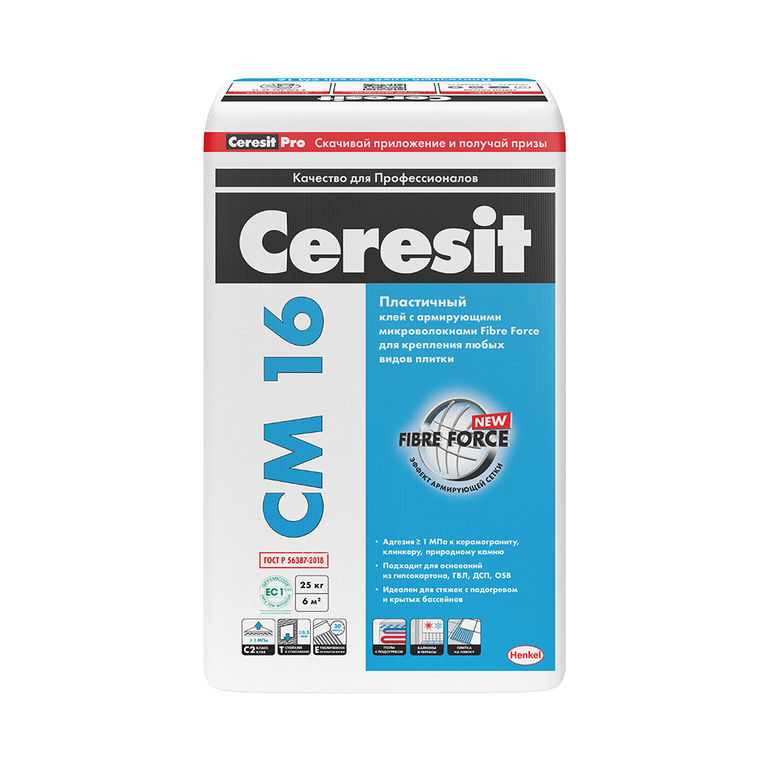 Клей цементный Ceresit СМ-16 для плитки при наружных и внутренних работах 25гкг